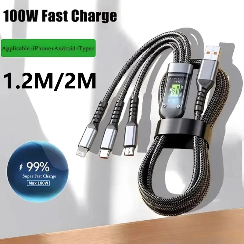 3 in 1 100W Transparent Pilot Lamp Super Fast Charging Cable Universal with TypeC Usb Micro for Iphone Huawei 1.2/2M Data Cable