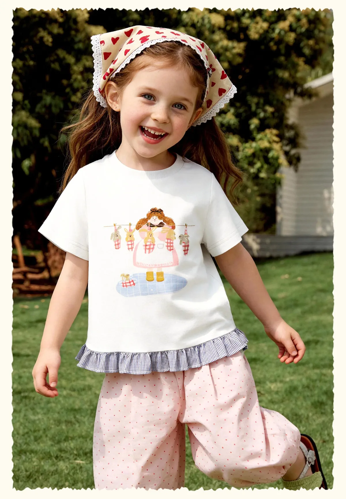 Amila 2026 Sommer-T-Shirt für Mädchen im neuen Stil mit kindlichen Illustrationen, kariertem Muster, Rüschensaum und coolen kurzen Ärmeln – Detail 22