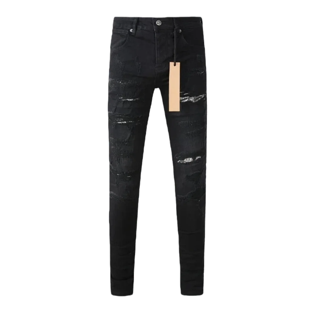 

Мужские рваные джинсы с нашивками, черные джинсы с вышитыми буквами, мужские зауженные джинсы в уличном стиле