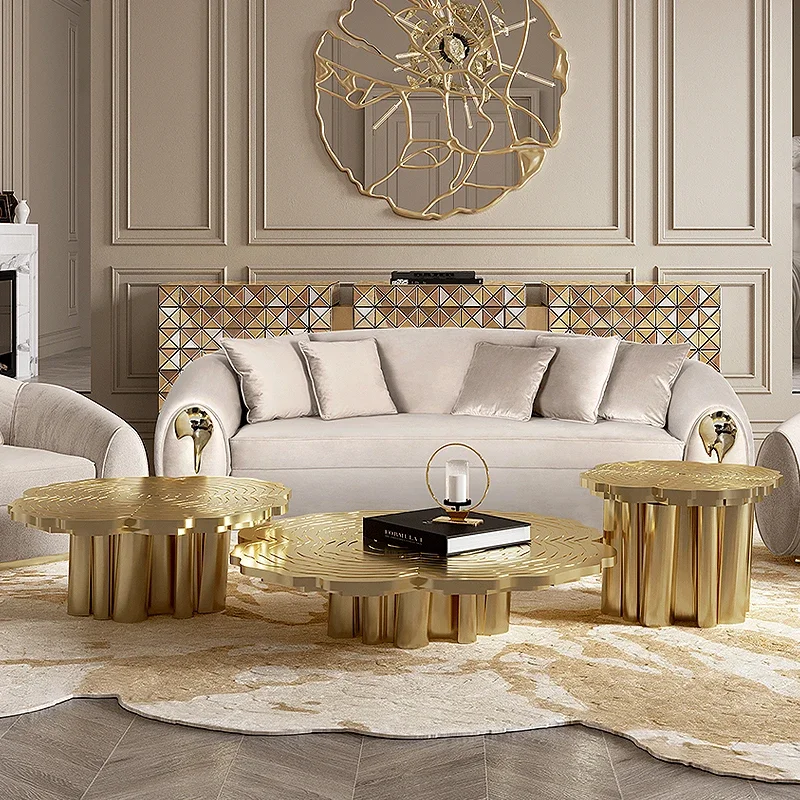 Light luxury stainless steel etched coffee table, high-end living room household metal, special-shaped irregular designer set