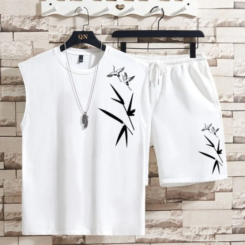 Streetwear Sleeveless Vest Set Minimalist Artistic Design Summer Tee Set 2 Pack for Men Unisex Chinese Style Streetwear Outfit