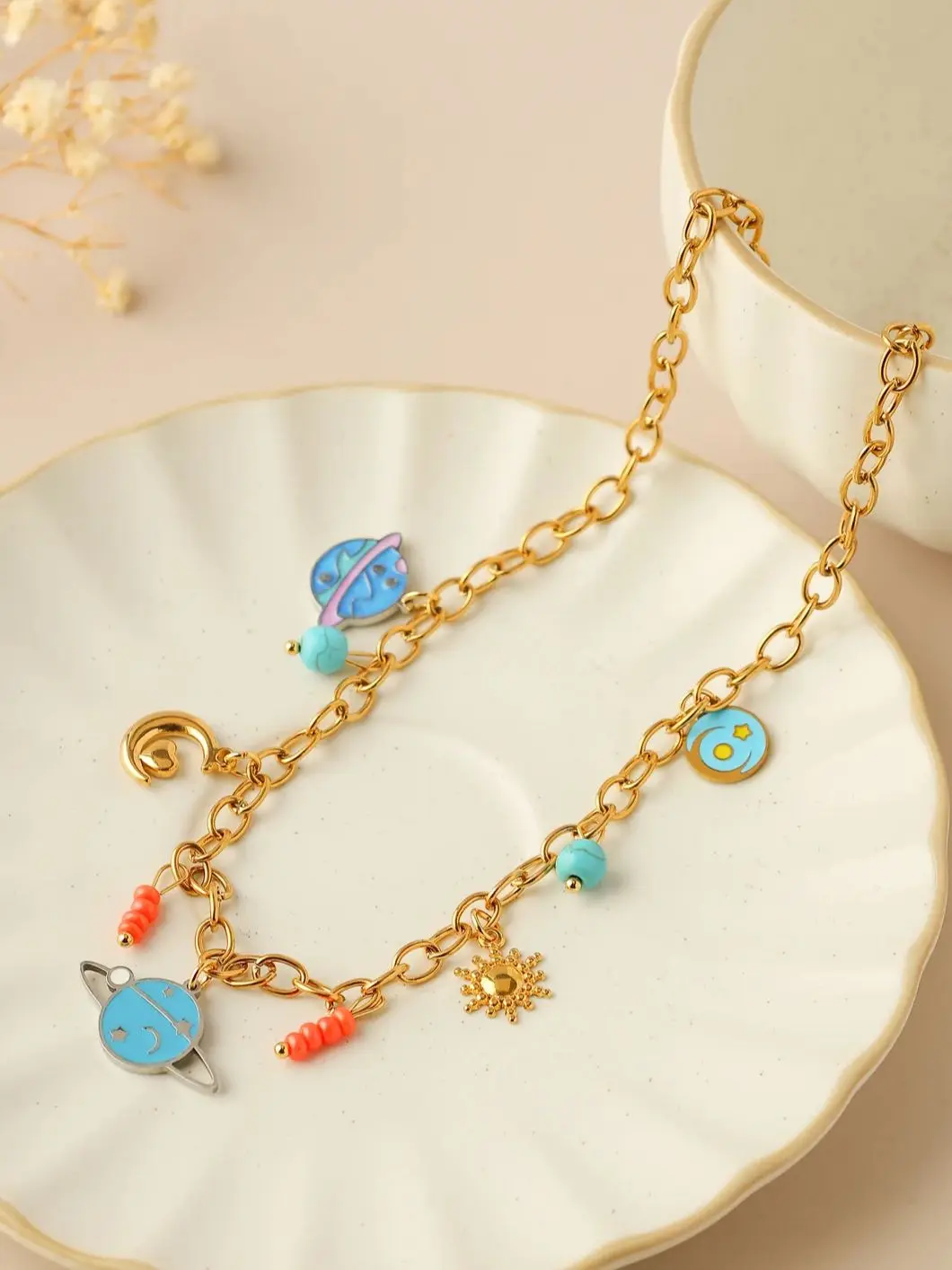 

Stainless steel blue planet turquoise moon pendant necklace suitable for women's new DIY creative neck ornaments gift party