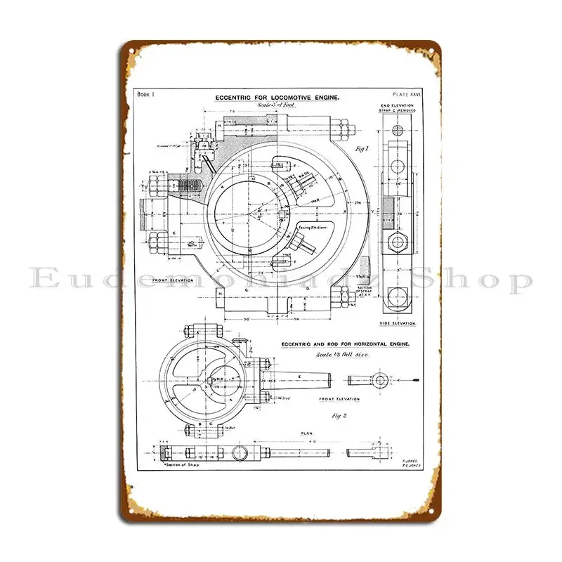Vintage Drawing Of Locomotive Eccentric Coupling Rods From An Edwardian Textbook Metal Sign Club Customized Cinema