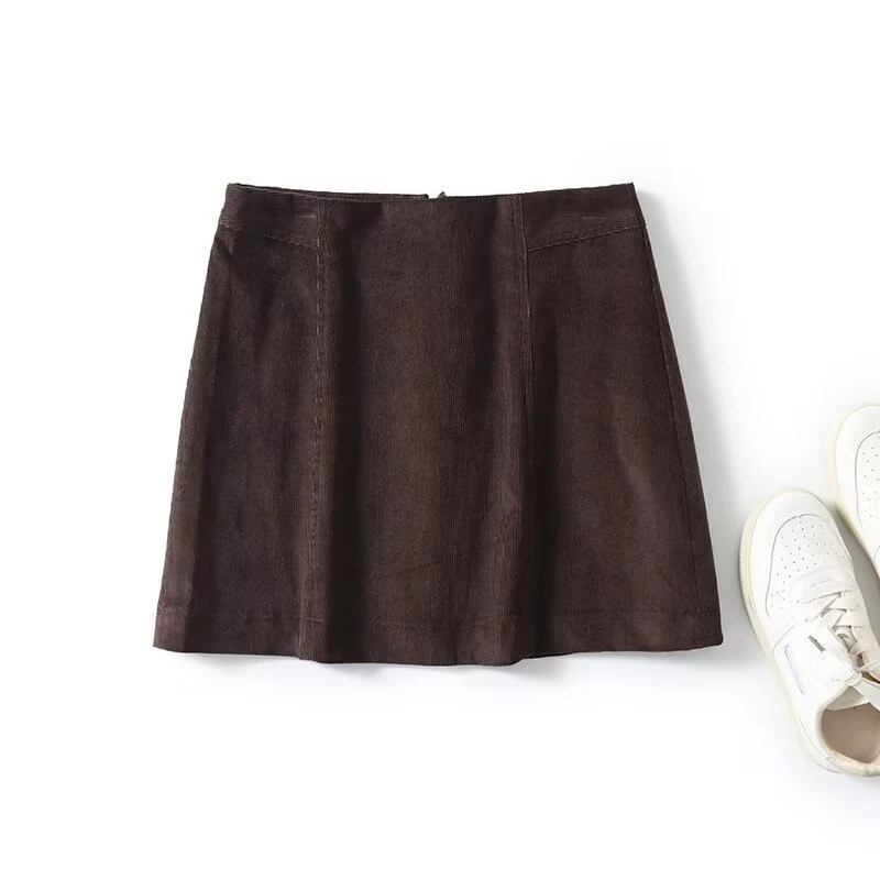 New Women Vintage High Waist Brown A-line Mini Corduroy Skirt faldas mujer