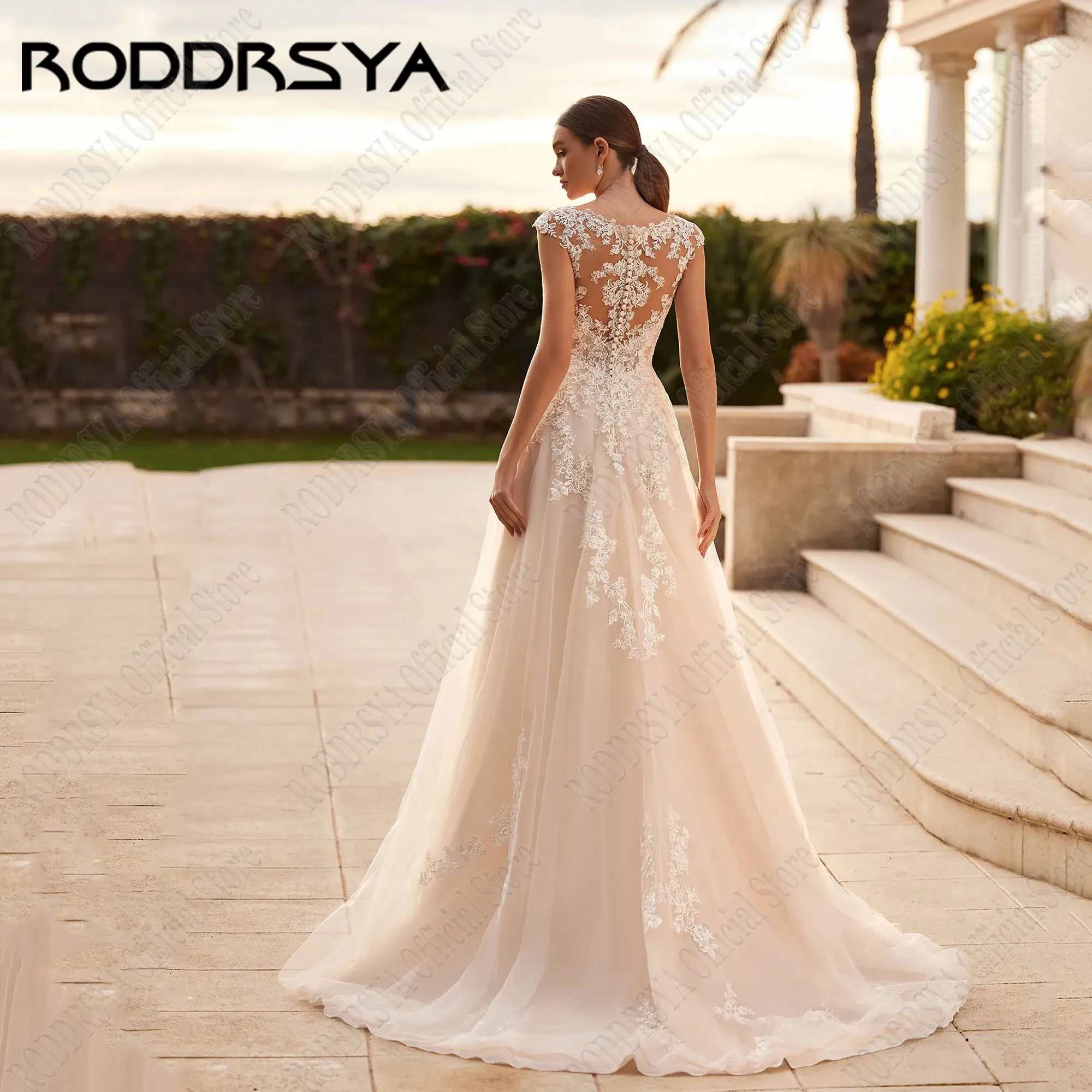 RODDRSYA-Robes de mariée en dentelle à col en V, mancherons, appliques A-Line, mariée civile, paillettes, robe éducative personnalisée, 2025Roddrsya chapeau manches col en V robe de mariée dentelle appliques a - type r