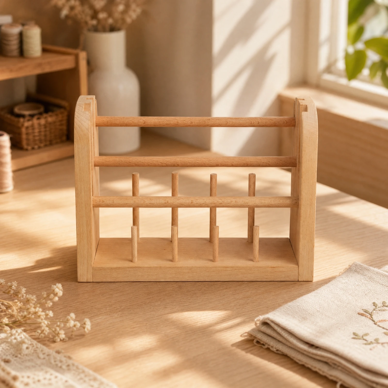 Beech Wood Thread Organizer Natural Beechwood Wooden Yarn Organizer with Pegs Desktop Embroidery Thread Stand Compact for Sewers
