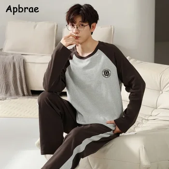 Otoño Invierno hombres pijamas de algodón de manga larga pantalones largos pijama con cuello redondo de talla grande L-3XL ropa de dormir moda hombre Homesuit