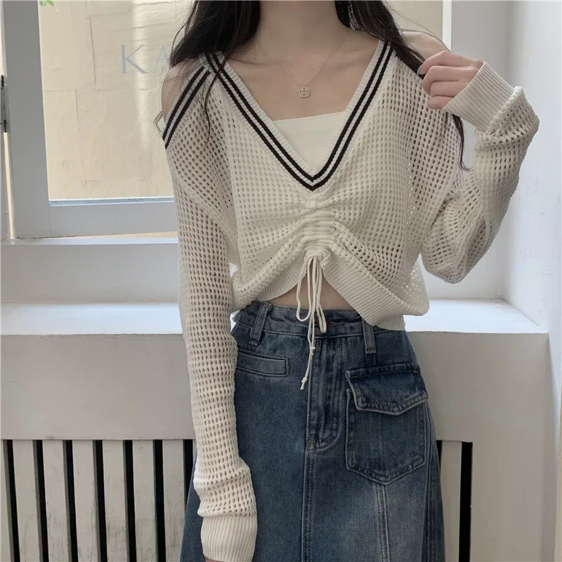 V-Neck Hollow Out Knitwear Top Women Summer Design Long Sleeve Off Shoulders Drawstring Thin Fashion New Loose Knitted Blouse