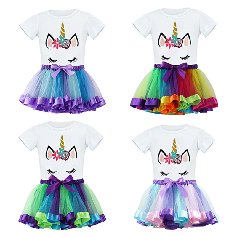 Baby\'s Cartoon Unicorn Print 2pcs Lovely Outfit Short SleeveTop & Colorful Mesh Skirt Set Toddler & Infant Girl\'s Clothes