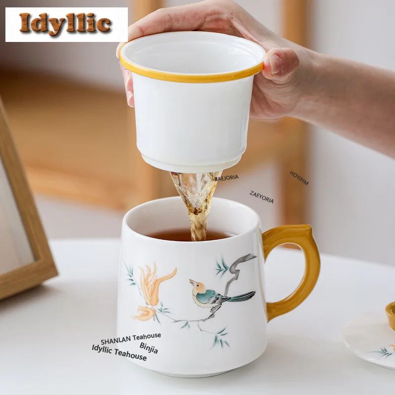

360ml Yellow And White Magpie Filter Tea Separator Cup Luxury Tea Mug With Infuser Handgrip Cups Tea Maker Office Water Cup