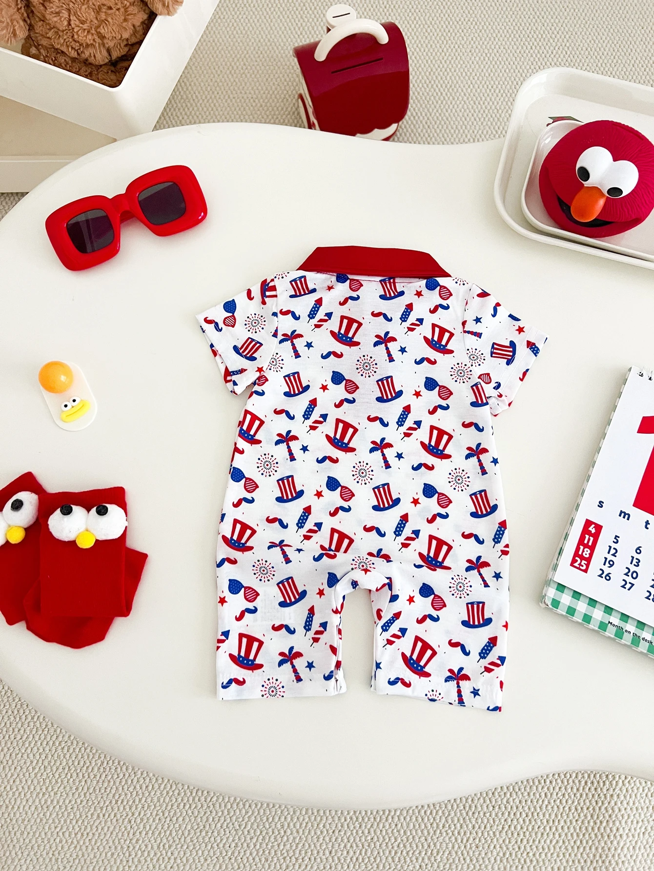 Baby Boys and Girls Independence Day Themed Pattern Polo Collar Short-Sleeve Romper, Casual Short-Sleeve Jumpsuit, Summer Children's Clothing, Perfect for Everyday Wear and Outdoor Activities