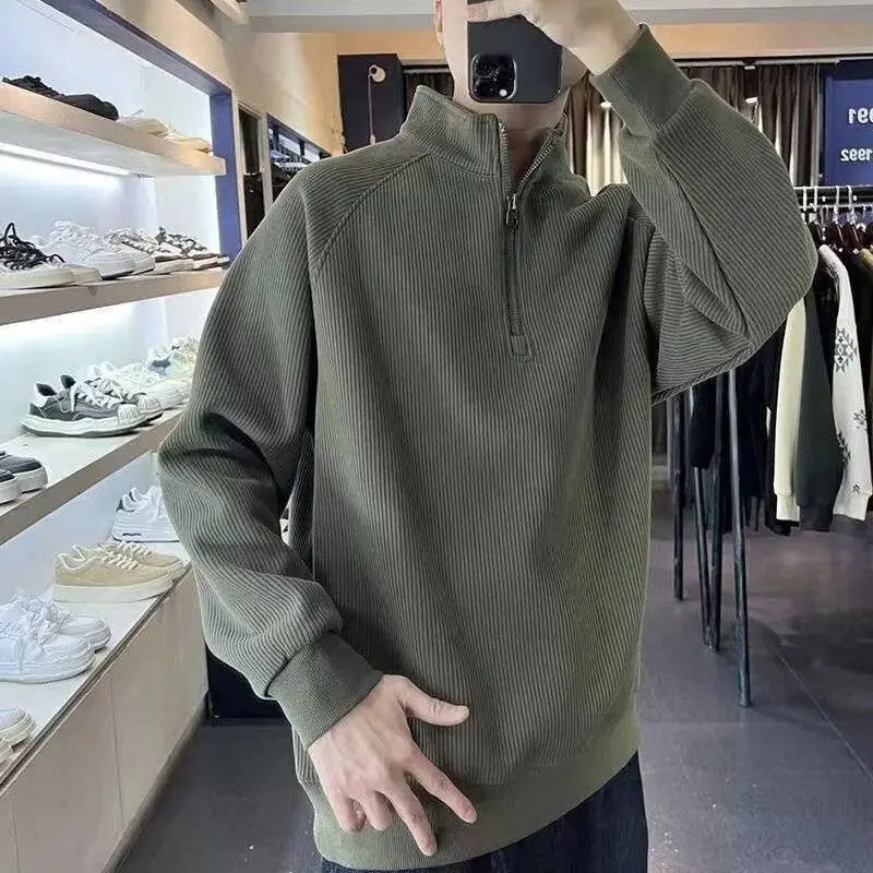 Simplicity Fashion Men New Sweatshirts Spring Autumn Solid Stand Collar Half Zipper Versatile Casual Long Sleeve Loose Tops