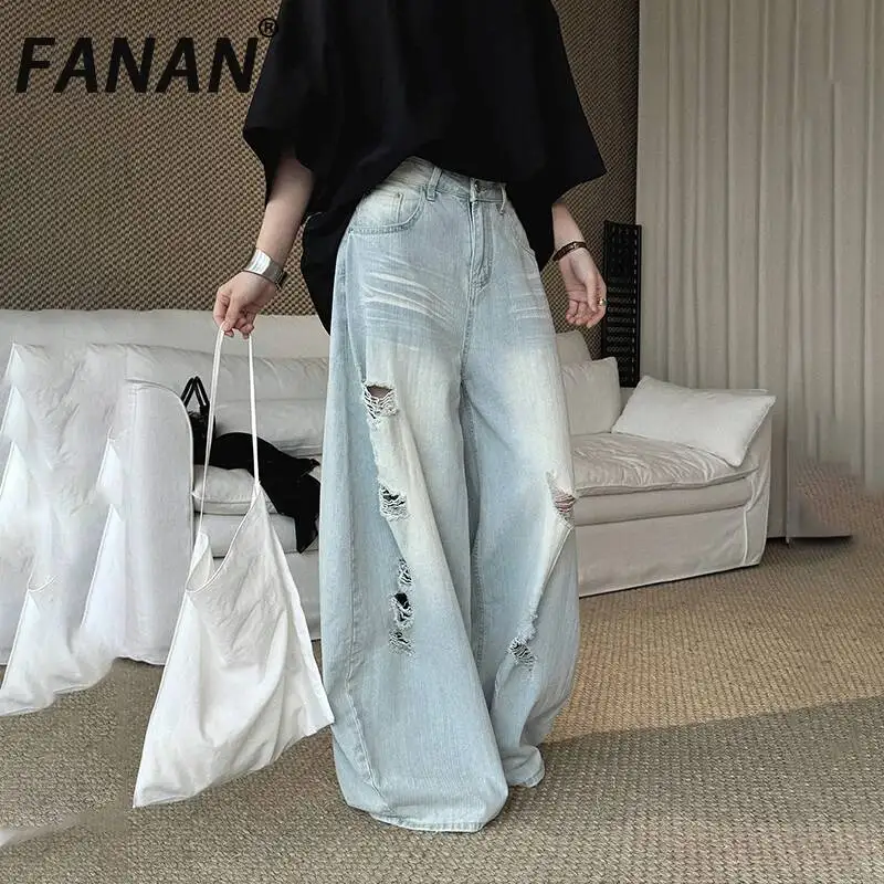 FANAN Summer New American Fashionable Design Distressed Washed White Ripped Wide-Leg Jeans For Women
