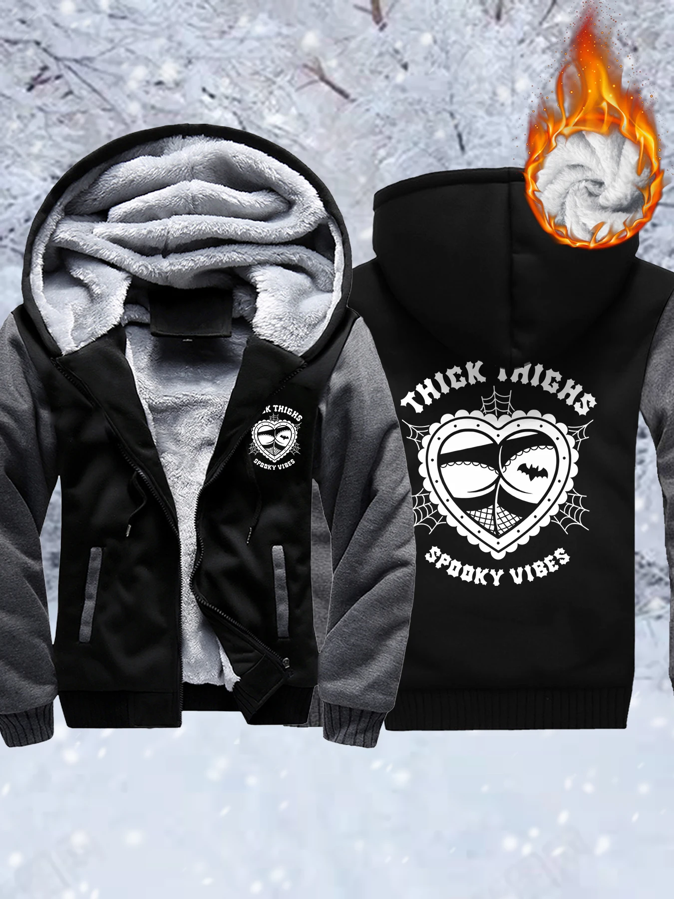 

Thick Thighs Spooky Vibes Printed Thicken Coats Men Casual Oversized Streetwear Winter Fleece Zipper Hoodies Camouflage Coat