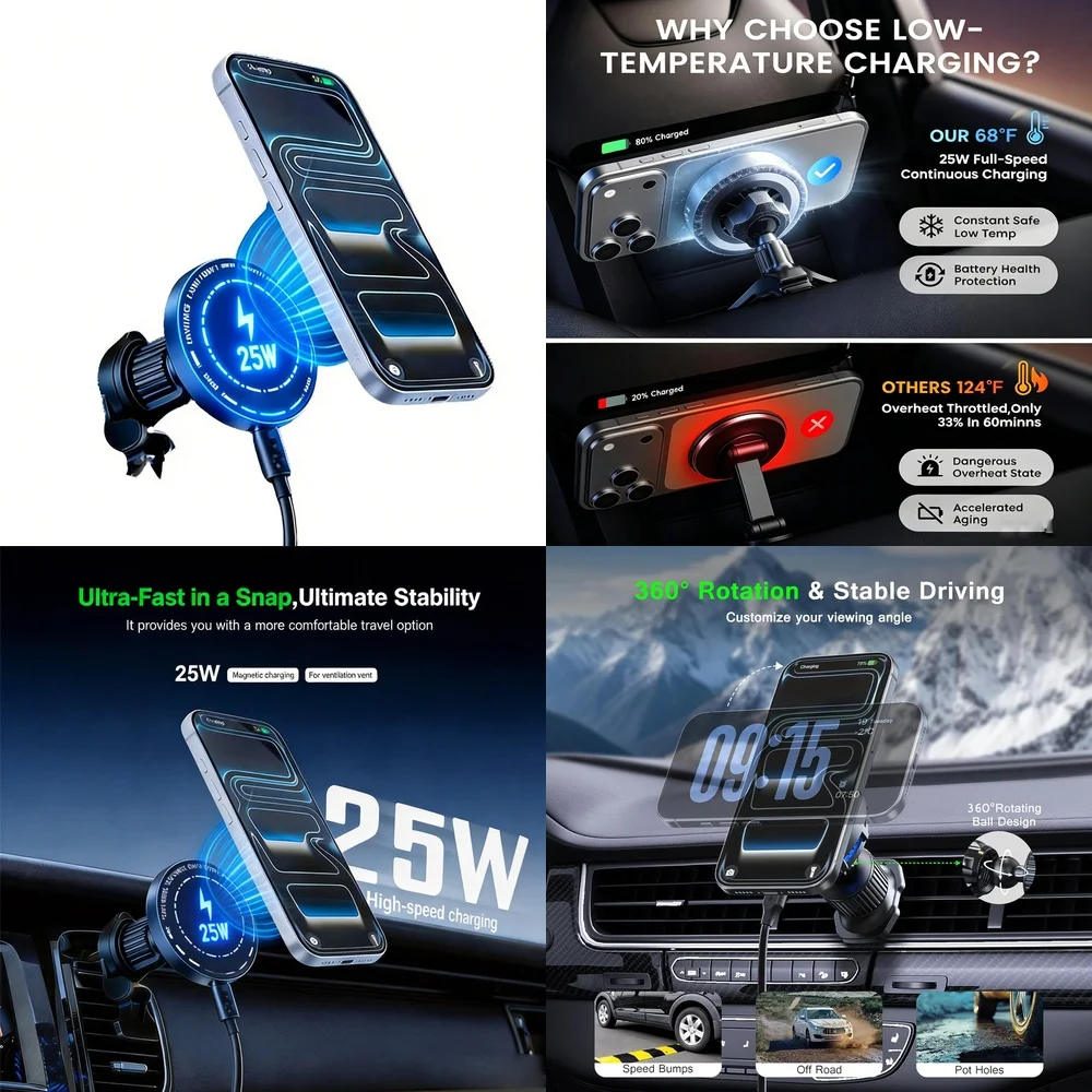 Wireless Magnetic Car Phone Charger 25W Air Vent Mount 360 Rotating Ball Fast Charge for iPhone 17 Samsung S26 S25 Ultra Android