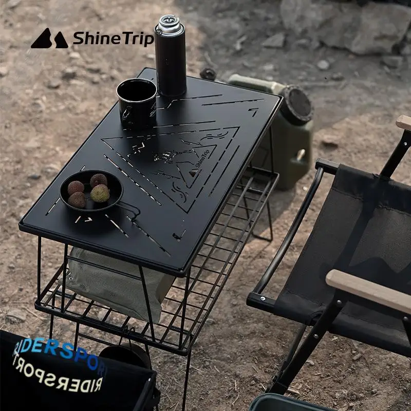 ShineTrip Camping Blackened Chess Cloth Iron Mesh Table Iron Fence Combination BBQ Table Portable Folding