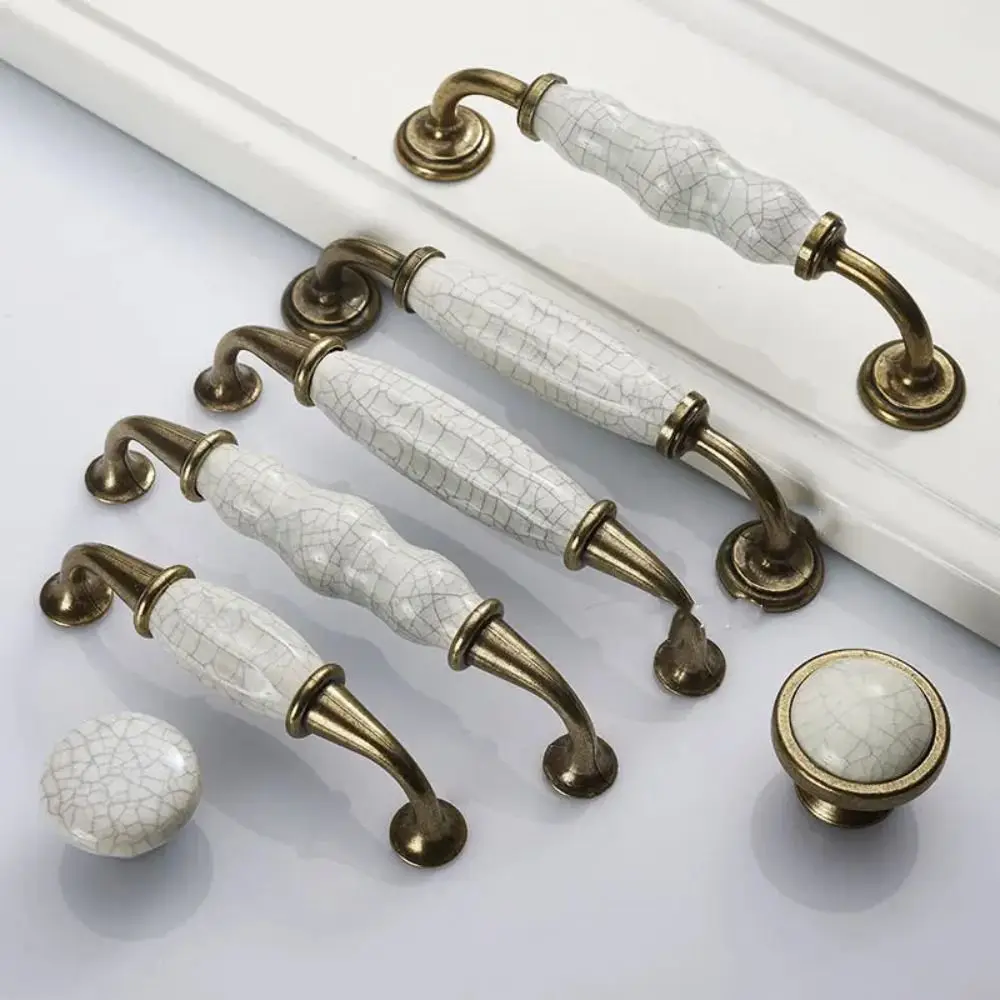 Zinc Alloy Ceramic Cabinet Handles White Bronze Crack Design Drawer Knobs Vintage Antique Knobs Drawer Pulls Kitchen