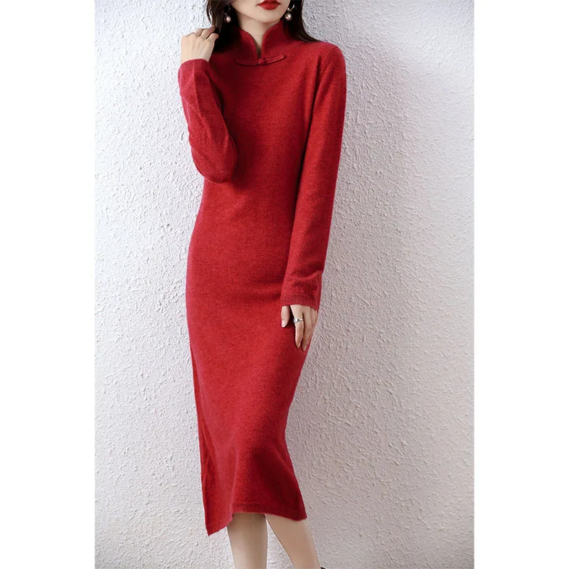 Cashmere Womens Sweater Knitted Dresses 100% Merino Wool Autumn Winter New Warm Elegant Long Dress Female Vintage Skirt Clothing