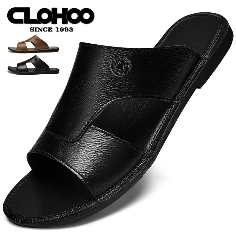 CLOHOO Summer Slippers Comfortable Breathable Leather Sandals Fashion Non-slip Low Heel Mules Shoes For Man Good Quality Soft