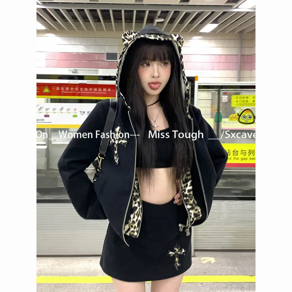 2000s American Vintage 2 Piece Skirt Sets Women Casual Y2k Leopard Jacket Coats with Hooded + Mini Skirts Black Gothic Harajuku