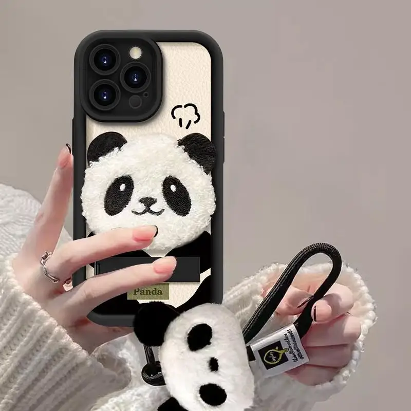 

Cute Cartoon 3D Plush Panda Soft Leather Phone Case For Xiaomi 14Ultra 13 12 Por For Redmi K50 K60 K70 Por K60E Lanyard Cover