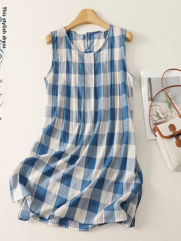 

Loose Large Size Plaid Vest Skirt Women's Artistic Style Ageless Commute Design Midi Skirt Breathable Comfortable Summer Dress