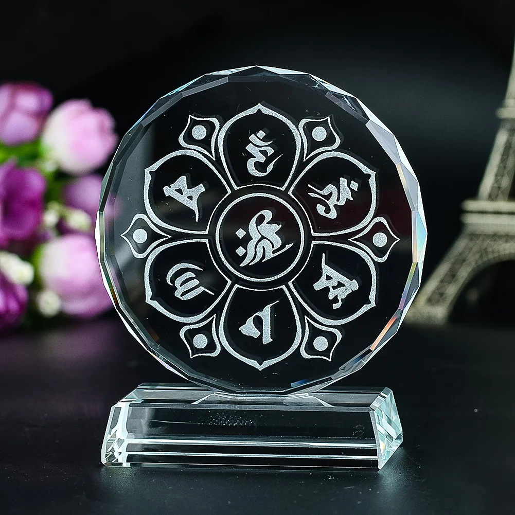 1PC 3D Carved Inside The Buddhist Sutra Six Words of Truth Crystal Ornament Decorative Figurines Centerpiece Paperweight Craft