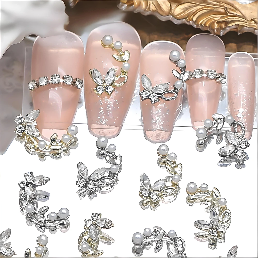 

10PCS 3D Luxury Alloy Butterfly Nail Art Rhinestone Charms Pearl Accessories For Nails Decoration Manicure Material Supplies HH