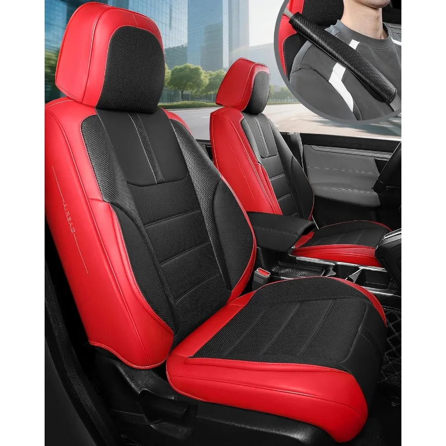 

Red Black Car Seat Covers Full Set Faux Nappa Leather Seat Covers for Cars with Front Seatbelt Pads Breathable Interior Protect