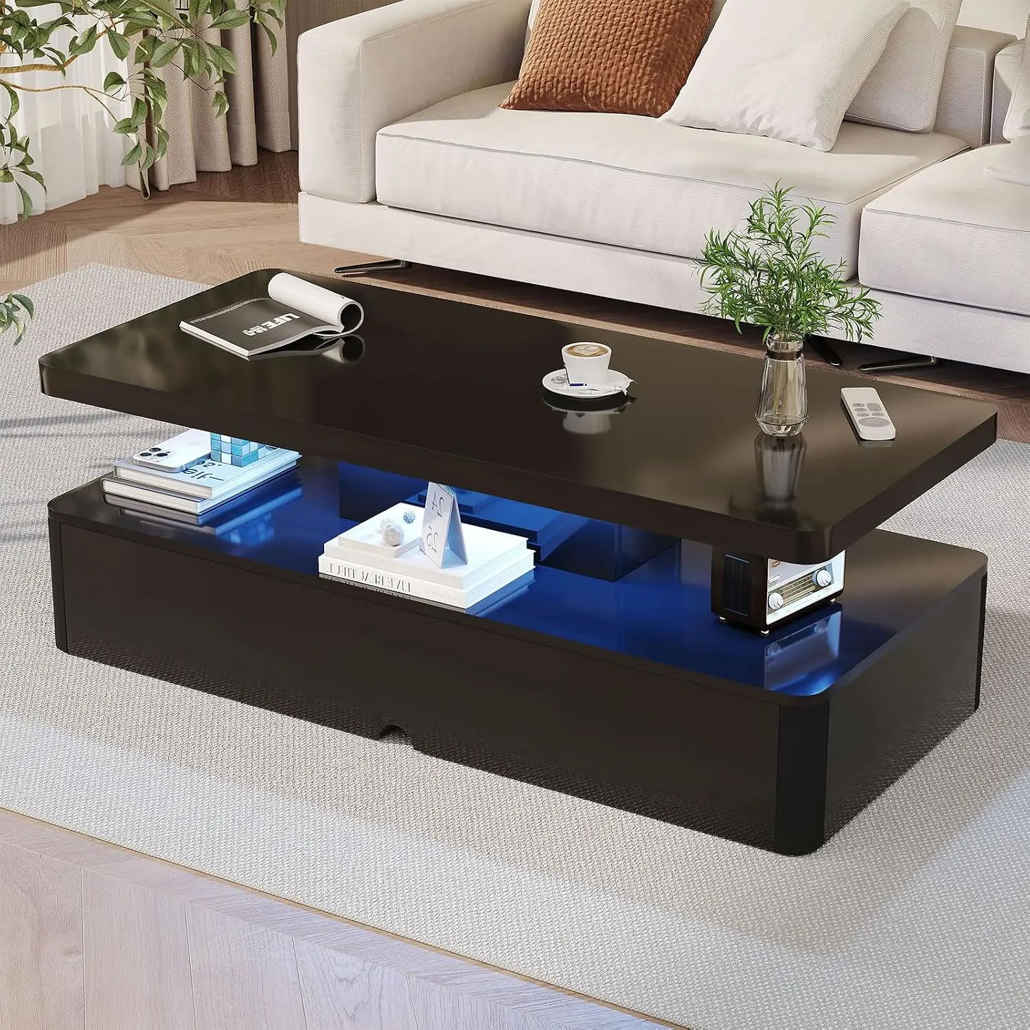 Modern Coffee Table, 47 Inches Coffee Tables with 16 Colors LED Lights, 2 Tier Rectangular Center Table, Large, Customized