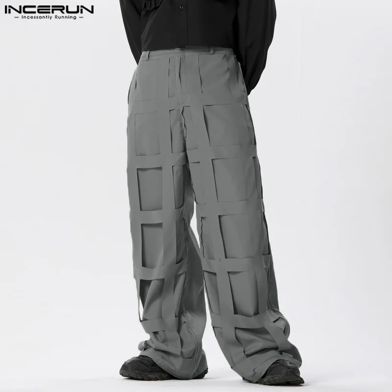 

INCERUN Men Irregular Pants Solid Color Hollow Out Joggers Loose Straight Trousers Men Streetwear 2024 Pockets Casual Pantalon