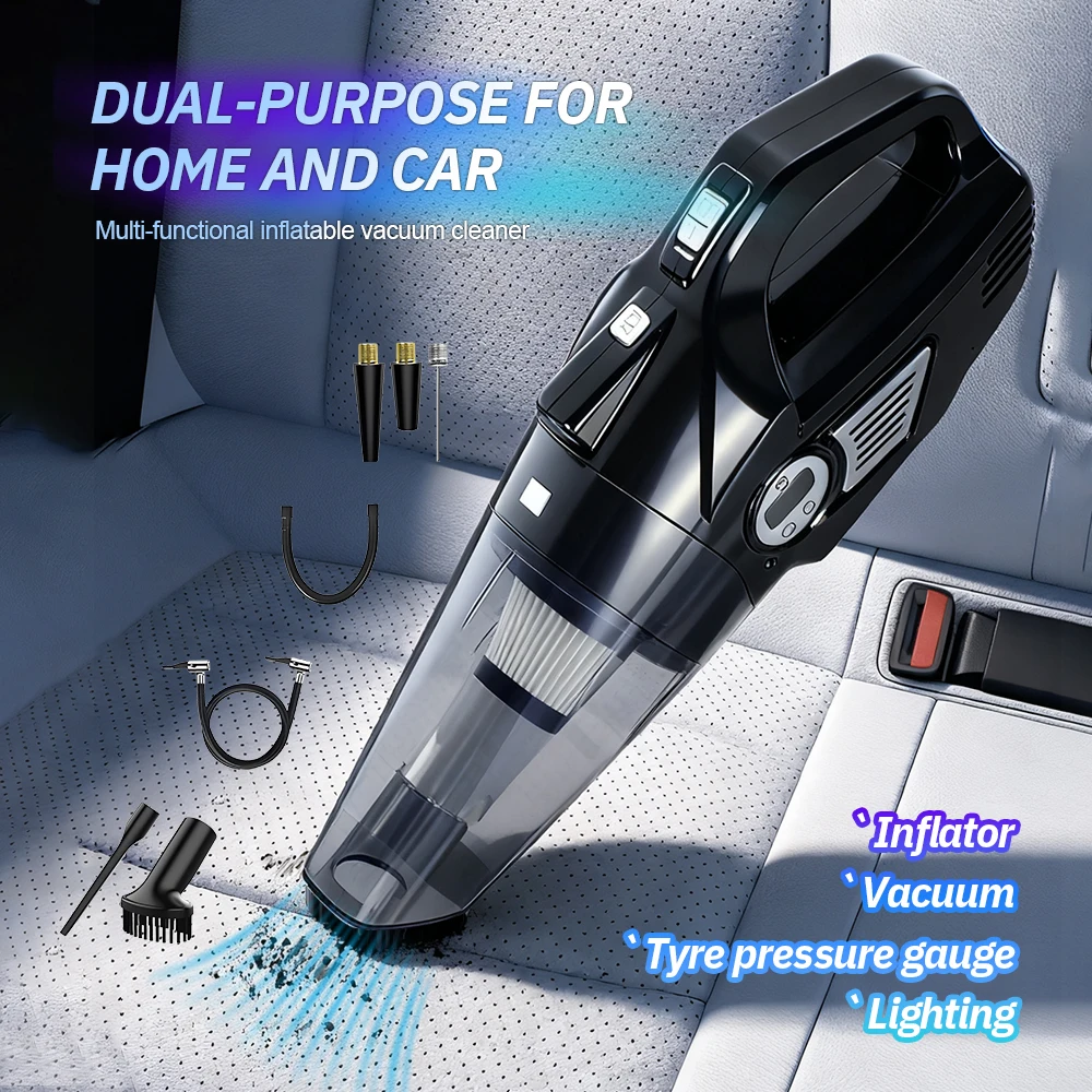 

Беспроводной автомобильный пылесос 4-в-1 с цифровым манометром для шин, для дома и автомобиля, с высокой мощностью всасывания и LED-подсветкой