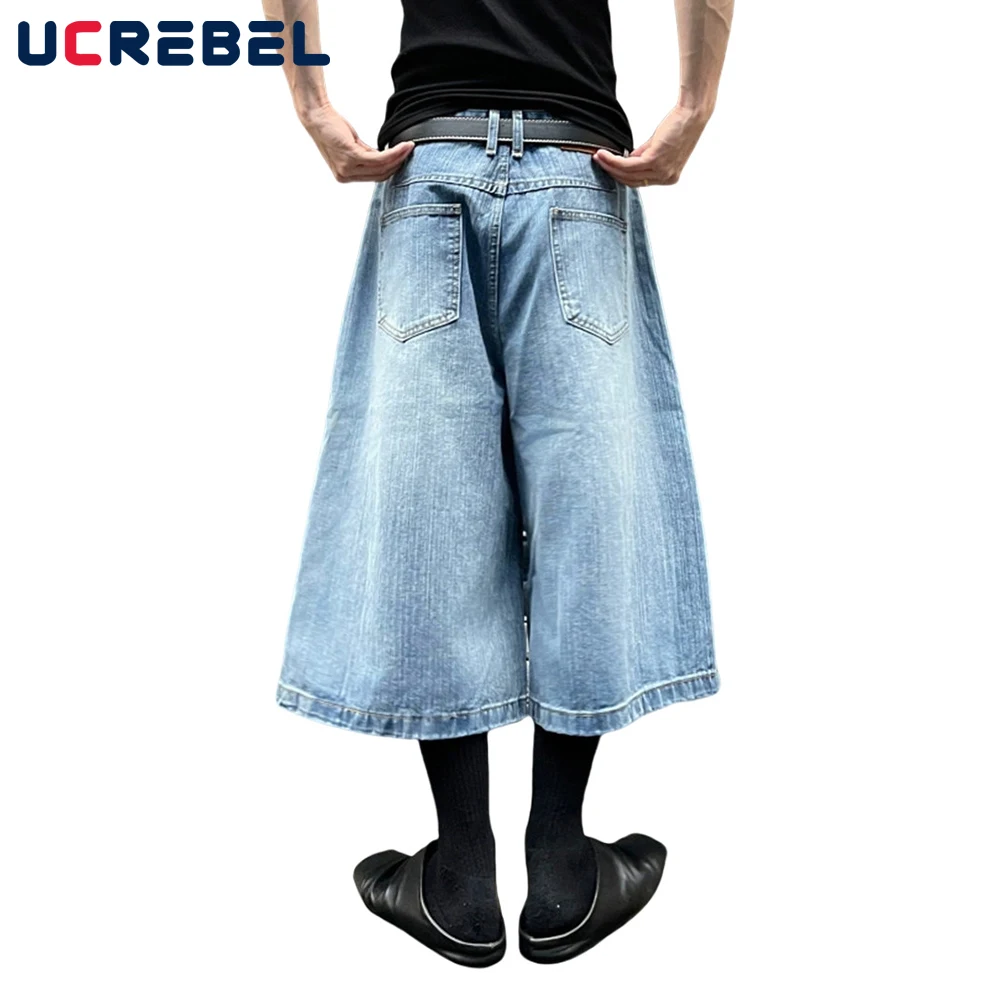 ดอกไม้พิมพ์ Spliced กางเกงยีนส์กางเกงขาสั้น Mens Retro High Street ล้าง Distressed หลวมขากว้าง Jorts Men