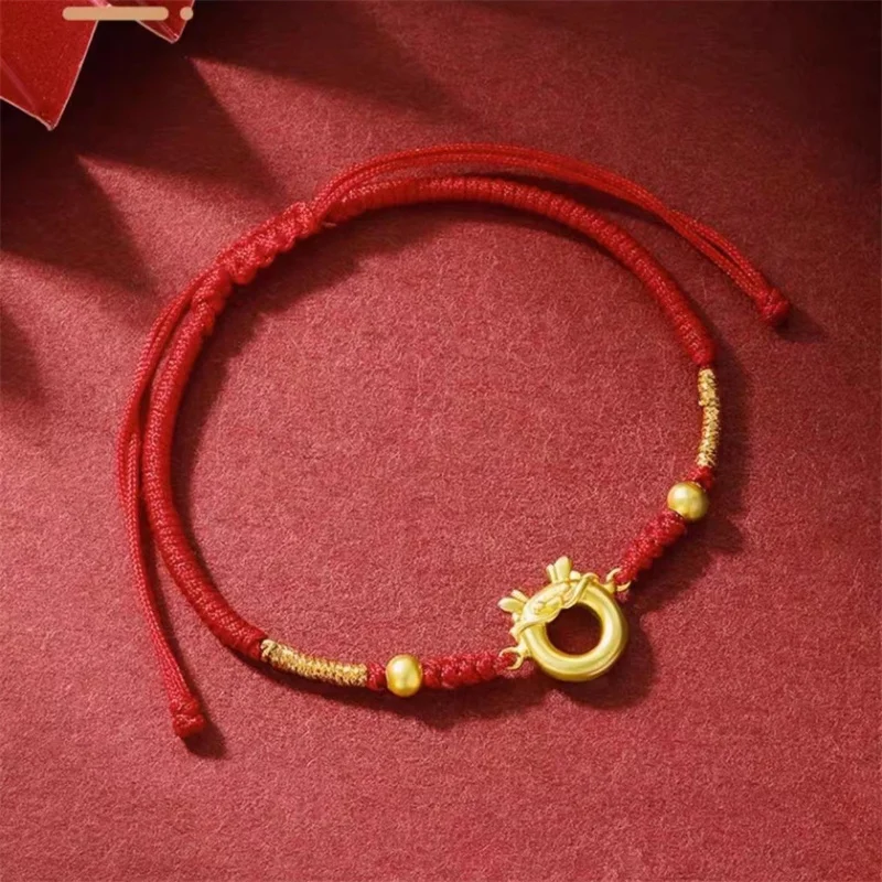 

Women's AU999 24K Gold Color Cute Dragon Bracelet, Handmade Braided Lucky Red Rope, Fashion Jewelry Gift Wholesale
