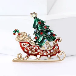 Trendy Enamel Christmas Tree Sleigh Brooches for Women Unisex New Year Decoration Pins Banquet Party Accessories Gifts