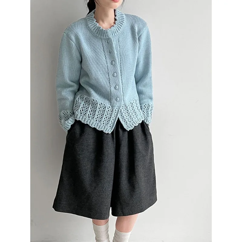 

New Autumn-winter Style Sheer Sweater with Lace Trim Knitted Round Neck Solid Color Single Row Buttoned Cardigan