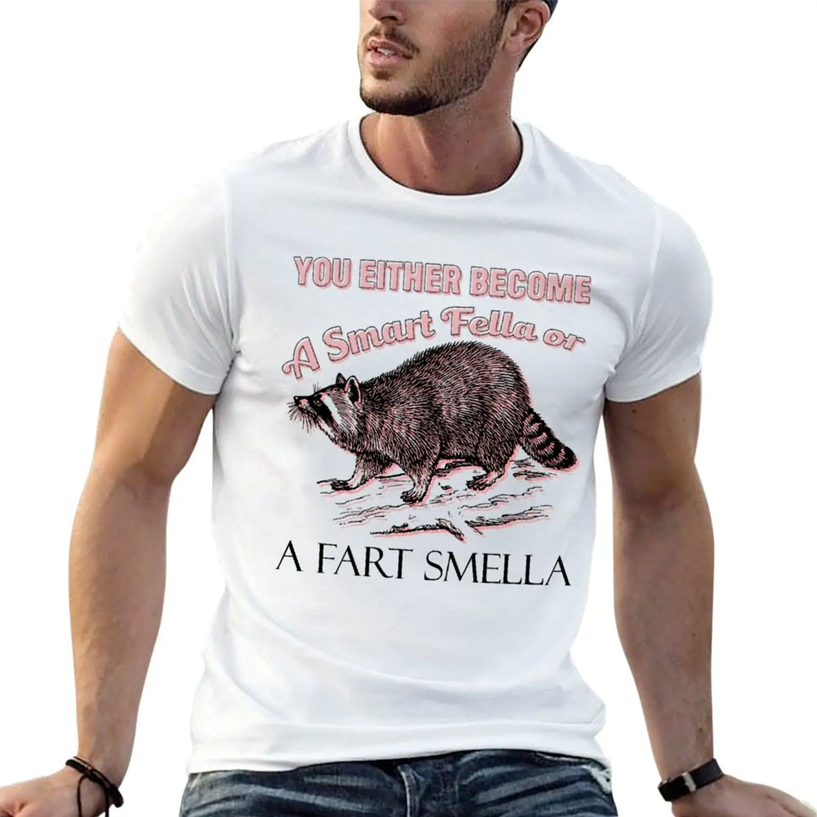 Raccoon Smart Fella Fart Smella T-Shirt Basic Simple Casual Short Sleeve Tee