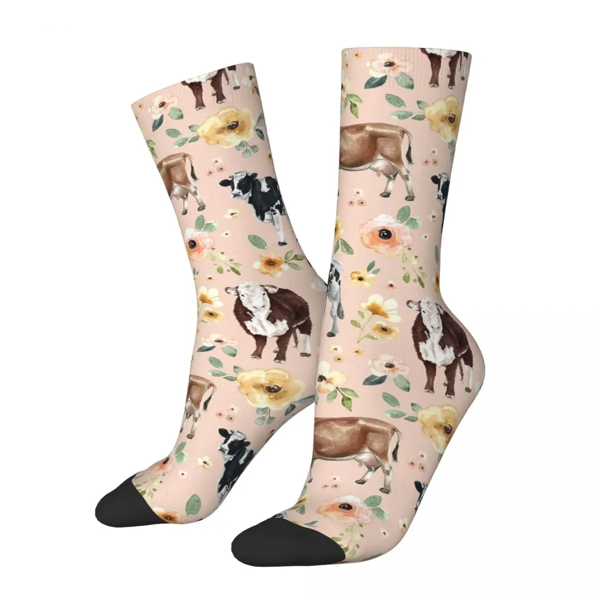 

Cow Floral On Blush Pink, Yellow Flowers, Pink Floral, Cowgirl, Cow Painting Socks Super Soft Stockings All Season Long Socks