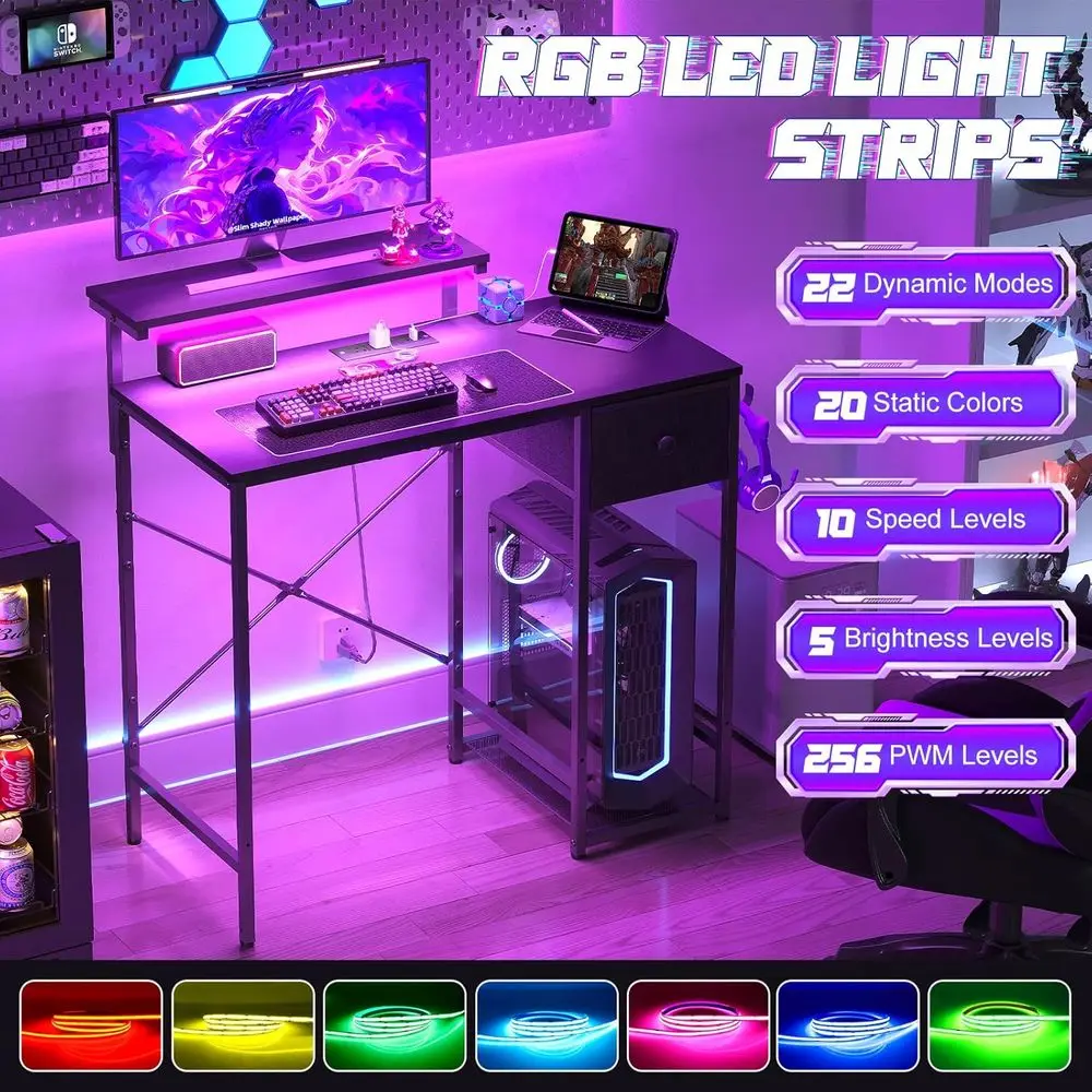 Scrivania da gioco compatta illuminata a LED con prese di corrente, cassetto portaoggetti e supporto per monitor per ufficio domestico o camera da letto