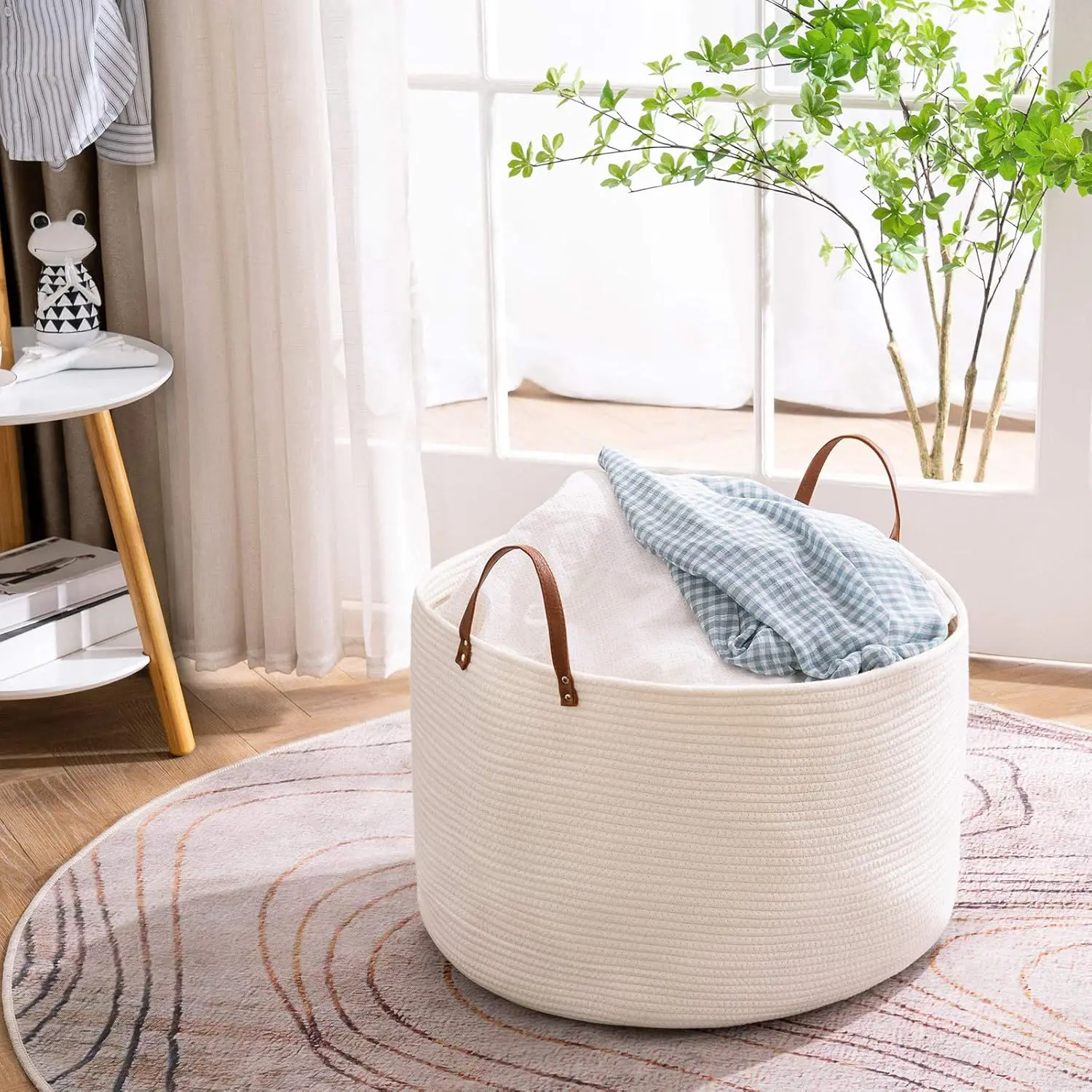 Extra Large Laundry Basket (100L, White, XXL) Woven Cotton Rope Hamper with Soft Handles for Clothes, Blankets, Toys in Bedroom