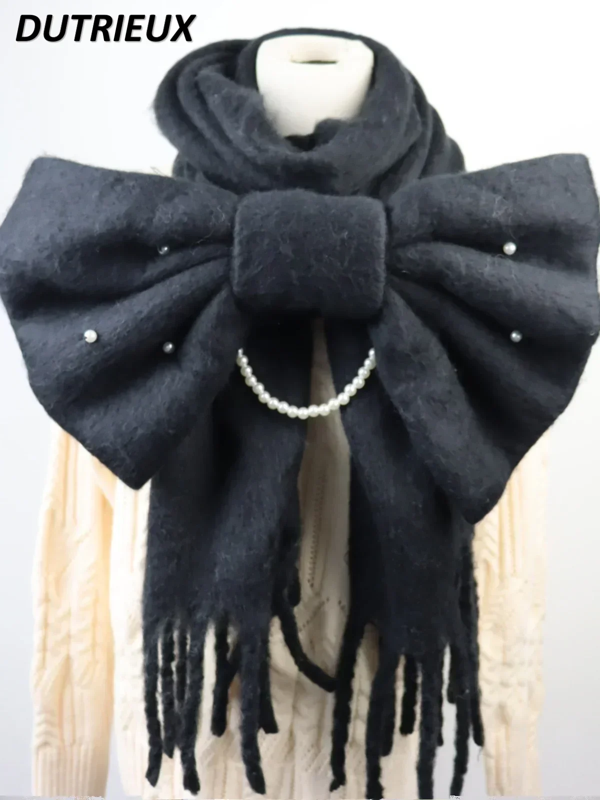 Solid Color Bow Scarf Thickened Warm Winter Solid Color Versatile Sweet and Cute Girls Mine Female Student Scarf Accessories