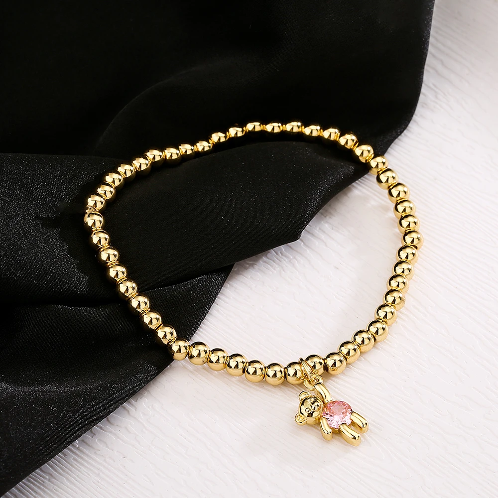 NEWBUY Trendy Gold Color Copper Beads Bracelets For Women White/Pink/Purple CZ Cute Bear Jewelry