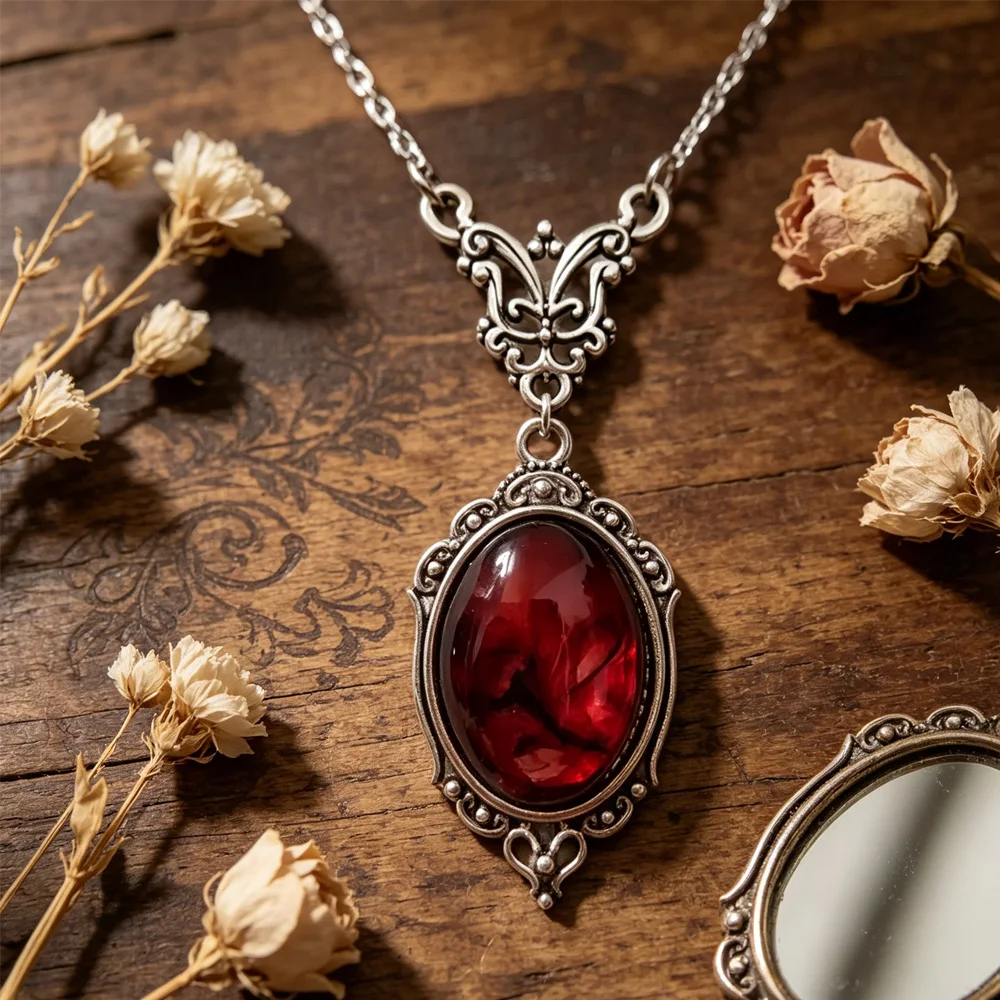 Gotische Halskette mit blutrotem Quarz-Anhänger, Schmetterlings-Halskette für Frauen, Vampir-geprägter Hexenschmuck, Vintage-Halsreifen