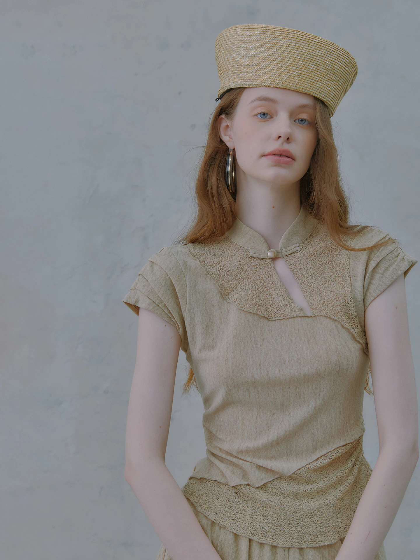 

New Chinese Style Knitted T-Shirt Short Sleeve Lace Patchwork Button Flag Dress Collar Women Summer Top Breathable Skin-Friendly