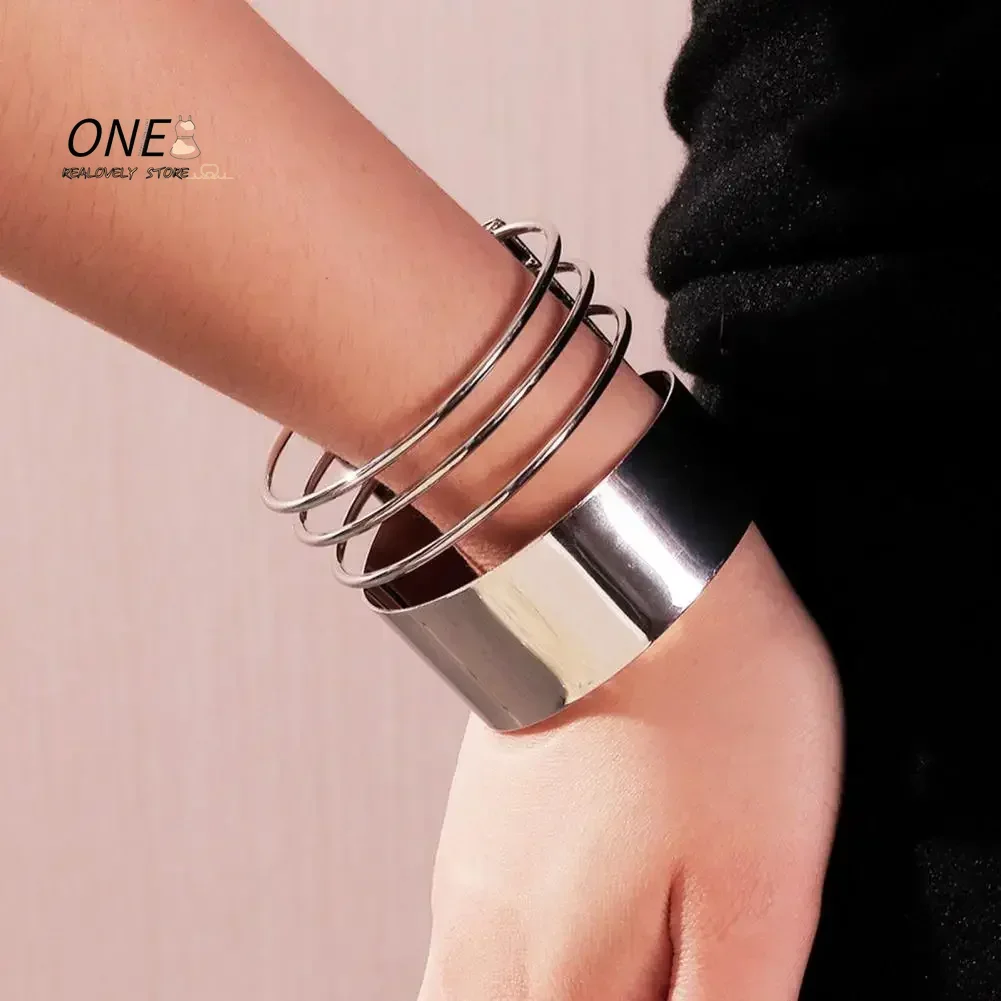 Gold Color Smooth Wide Cuff Bracelet Simple Open Big Metal Bangles for Female Women Charm Fashion Punk Jewelry