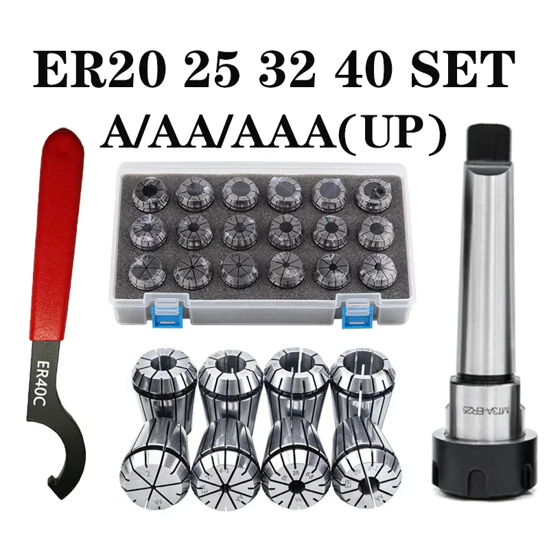 

ER20 ER25 ER32 ER40 Spring Clamps Set MT4 MT3 MT2 1PCS ER Wrench 1PCS Collet Chuck Morse Holder Cone for CNC Milling Lathe Tool