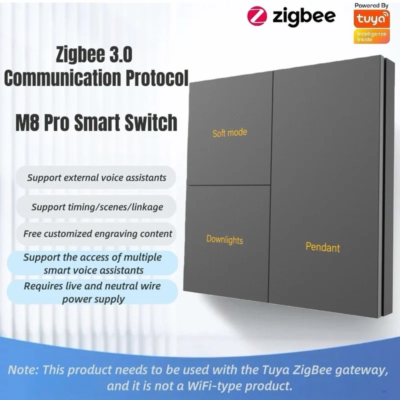 M8 Tuya Zigbee 3.0 Smart Switch 3 Gang 3 Relay Alumina Panel Tuya/Smart Life App Remote Custom Buttons Alexa Google Home
