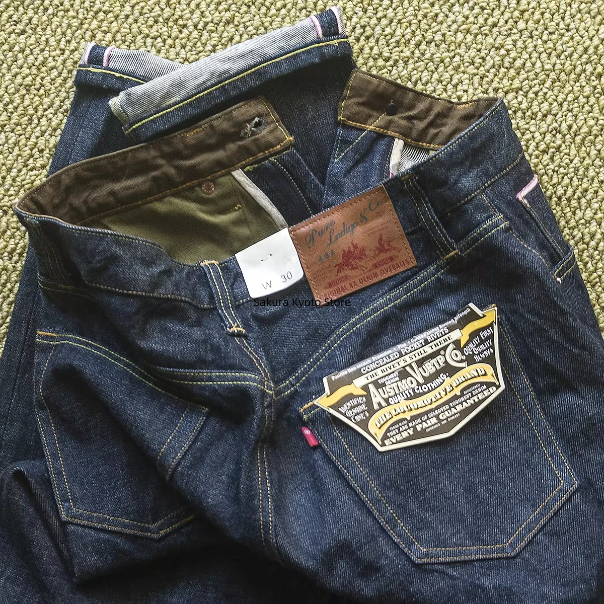 Classic heavyweight pink selvedge denim straight washed desizing indigo brushed jeans