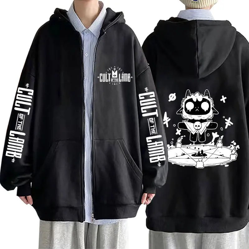 

Game Cult of The Lamb Zipper Hoodie Men Women Cute Funny Zip Up Jacket Male Vintage Oversized Hoodies Unisex Casual Fleece Coat
