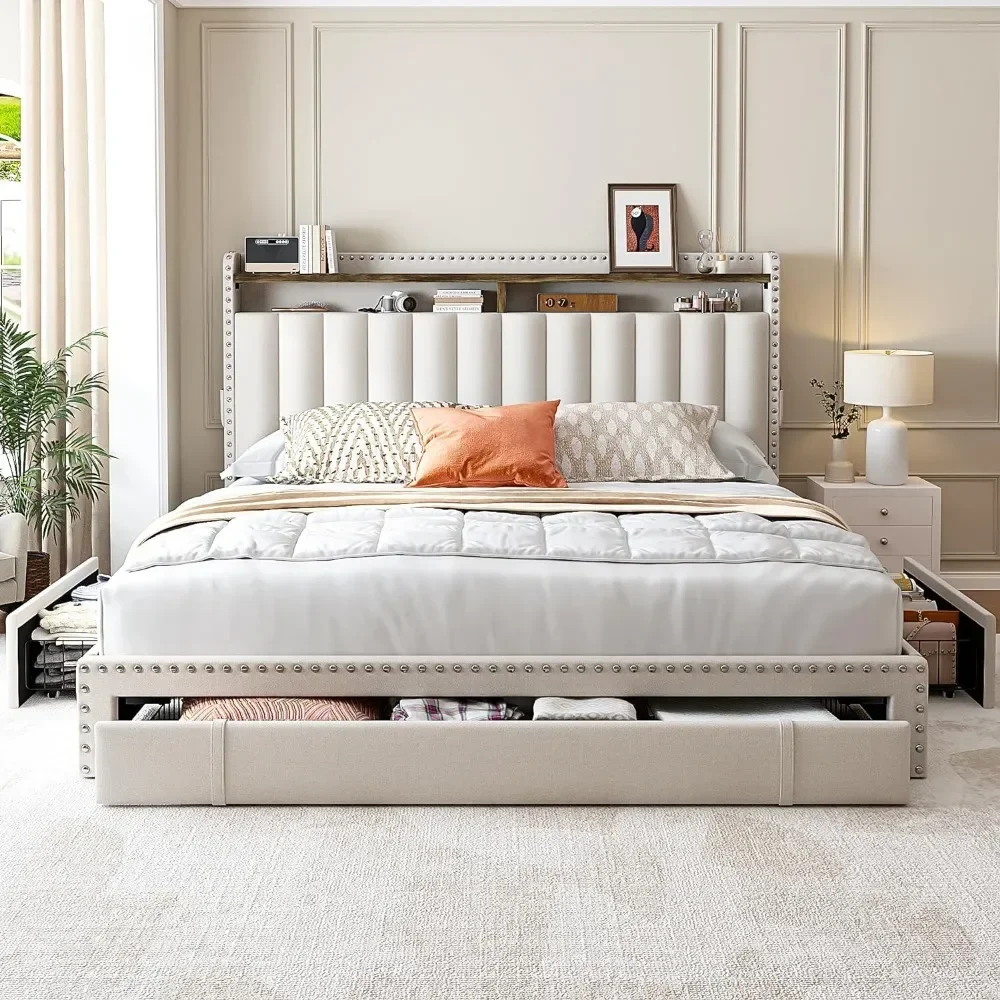 Queen Bed Frame with 3 Drawers, Upholstered , with Headboard,  with Storage, Easy Assembly, Queen Bed Frame